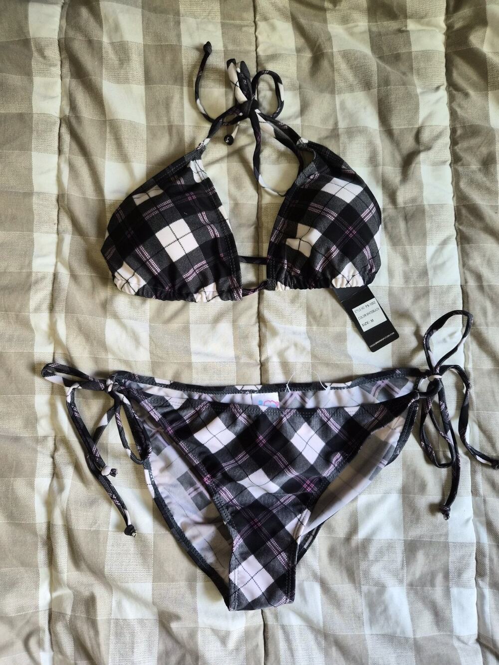 Size L NWT Black Plaid Bikini Set Halter Triangle Padded Top Adjustable Ties